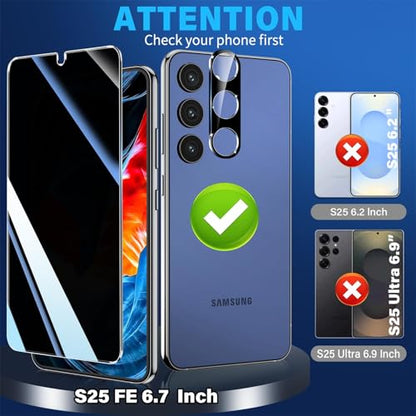 letosan 3 Pack Privacy Screen Protector for Samsung Galaxy S25 FE Tempered Glass + 2 Pack Camera Lens Protector, True 25°Anti Spy, 9H+ Hardness, Fingerprint Unlock, Case Friendly Bubble-Free 6.7Inch - size: galaxy S25 FE-6.7 Inch