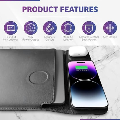 4-in-1 Laptop Sleeve with Wireless Charging - 13/14 inch - Updated Version- Charging Mat for Laptop - Compatible with MagSafe - Use as Case, Phone and Earbuds Charging Pad, Desk and Mouse Pad