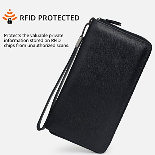 Bveyzi Women RFID Blocking Wallet Leather Zip Around Phone Clutch Large Capacity Ladies Travel Purse Wristlet - color: Black