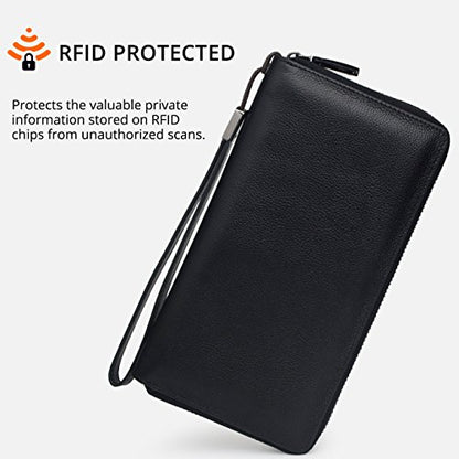 Bveyzi Women RFID Blocking Wallet Leather Zip Around Phone Clutch Large Capacity Ladies Travel Purse Wristlet - color: Black