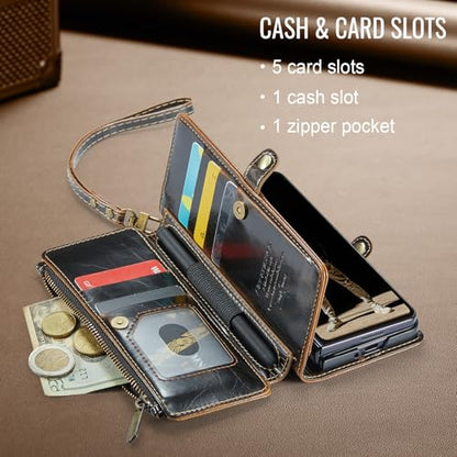Defencase for Samsung Galaxy Z Fold 6 Wallet Case with Card Holder, Coffee | Durable Soft PU Leather, RFID Blcking Zipper Pocket, with S-Pen Holder & Strap, Flip Phone Cases with Stand for Women Men - color: Coffee