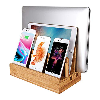 Bamboo Wood Multi-Device Desktop Charging Dock Station Charger Holder Cradle Stand Compatible for iPhone 16 15 14 13 12 11 Pro Max iPad mini Pro Air Laptop Tablets Samsung LG Sony Smartphones - color: Large