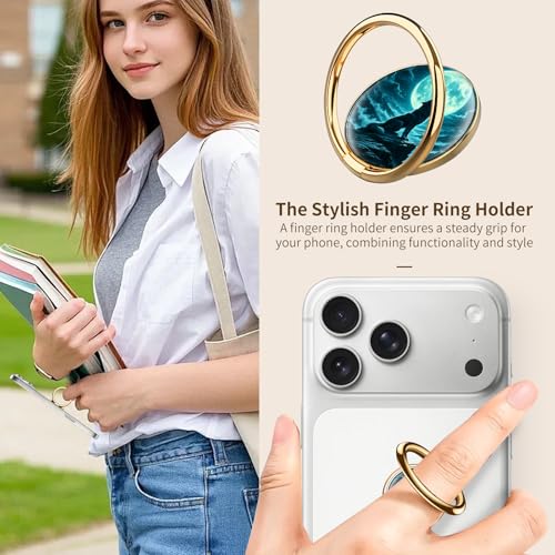 Cell Phone Ring Holder, Cute Phone Ring Grip Stand, 360°Rotation Funny Metal Kickstand Finger Grip Cool Moon Wolf - color: Cool Moon Wolf