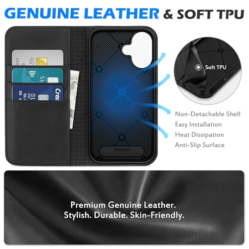 SHIELDON Genuine Leather Folio Wallet Case for iPhone 16 6.1" 2024, Black | Flip Magnetic Cover, Kickstand, RFID Blocking, 3 Credit Card Holder, Book Design, Shockproof, Soft Inner Phone Case - color: Black