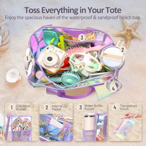 Iridescent Beach Bag for Women, 26L Extra Large Clear Waterproof Sandproof Tote Bag, Zipper Closure with Touchscreen Phone Pouch Adjustable Crossbody Strap for Beach Pool Travel Gym Vacation