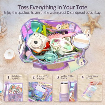 Iridescent Beach Bag for Women, 26L Extra Large Clear Waterproof Sandproof Tote Bag, Zipper Closure with Touchscreen Phone Pouch Adjustable Crossbody Strap for Beach Pool Travel Gym Vacation