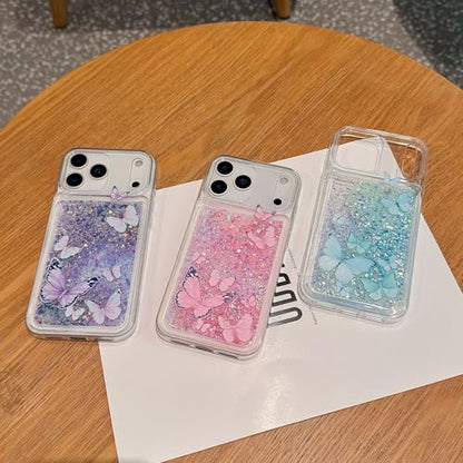 Compatible with iPhone 17 Pro Glitter Butterfly Case Glow in The Dark Women Girls Girly Bling Sparkle Flowing Quicksand Light up Soft TPU Bumper Luminous Clear Phone Cover, Pink - color: Blue, size: iPhone 17 Pro