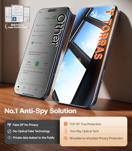 TORRAS Uncrackable 9H+ for iPhone 17 Pro Max Privacy Screen Protector [ 12FT Military-Grade Anti Shatter] [Top 25° Anti Spy, Data Protection] Full Coverage Tempered Glass, 2-Pack 6.9" - size: 17 Pro Max(6.9 inch)