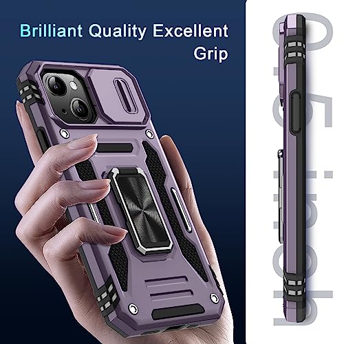 DEERLAMN Case for iPhone 13/iPhone 14 6.1-Inch with Slide Camera Cover+Screen Protector(2 Packs),Rotated Ring Kickstand Military Grade Shockproof Protective Cover-Deep Purple - color: Deep Purple