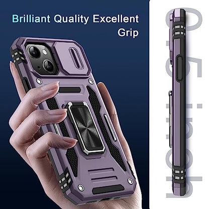 DEERLAMN Case for iPhone 13/iPhone 14 6.1-Inch with Slide Camera Cover+Screen Protector(2 Packs),Rotated Ring Kickstand Military Grade Shockproof Protective Cover-Deep Purple - color: Deep Purple
