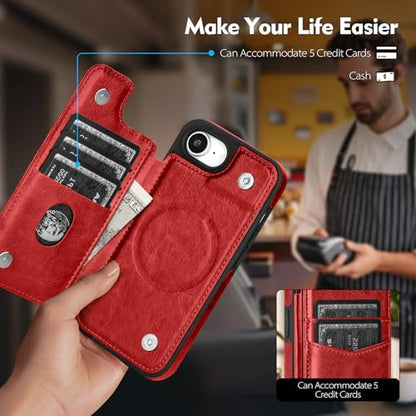 SkyEagle Compatible with MagSafe iPhone 17e / 16e Case Wallet,Red | Magnetic Clasp,RFID Blocking,PU Leather,Flip Folio Shockproof Phone Cover,with Credit Card Slots & Kickstand for Men & Women - color: Red