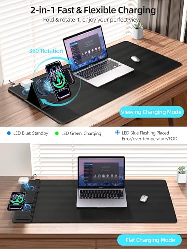 Mouse Pad with Magnetic Wireless Charging & Adjustable Phone Stand, 31.5"x15.8" Extended Desk Mat, Waterproof Ultra-Smooth Keyboard Pad, Non-Slip Base, Black - color: Black-magnetic Stand-31.5"x15.8"-left