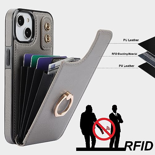 Folosu Compatible with iPhone 14 Case Wallet with Card Holder, 360°Rotation Finger Ring Holder Kickstand, RFID Blocking Leather Protective Double Buttons Shockproof Cover 6.1 Inch Gray - color: Gray, size: iPhone 14
