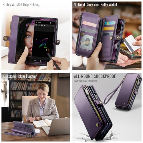 Defencase for Samsung Galaxy Z Fold 6 Wallet Case with Card Holder, Purple | Durable Soft PU Leather, RFID Blcking Zipper Pocket, with S-Pen Holder & Strap, Flip Phone Cases with Stand for Women Men - color: Aesthetic Purple