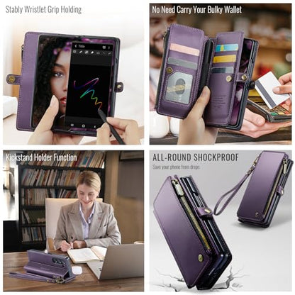 Defencase for Samsung Galaxy Z Fold 6 Wallet Case with Card Holder, Purple | Durable Soft PU Leather, RFID Blcking Zipper Pocket, with S-Pen Holder & Strap, Flip Phone Cases with Stand for Women Men - color: Aesthetic Purple