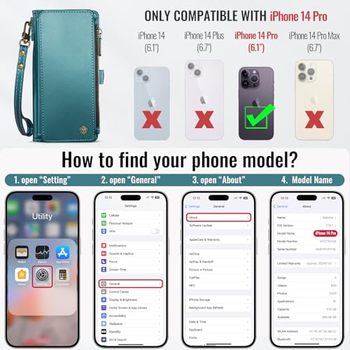 Defencase for iPhone 14 Pro Wallet Case with RFID Card Holder, Blue Green | Durable Soft PU Leather, with Zipper Pocket, Wrist Strap, Fashion Snap Flip Phone Cases Cover with Stand for Women and Men - color: Blue Green
