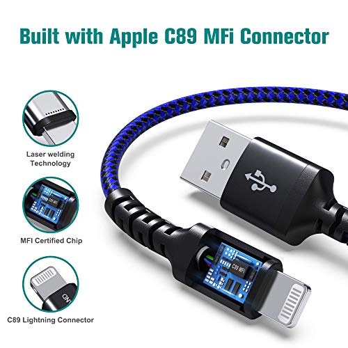 Tera Grand - Apple C89 MFi Certified Lightning to USB-A Braided Cable for iPhone 14/13/12/11 Pro Pro Max Plus Mini, SE XS Max XR X, 8/7/6 Plus, iPad, AirPods, 10 Ft Black/Blue - color: Black/Blue, size: 10 ft