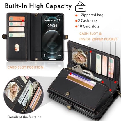 for Wallet Case Compatible with iPhone 12 Pro Max,Multi-Function Detachable 2 in 1 Magnetic iPhone 12 Pro Max Case Wallet,Flip Strap Zipper Card Holder Phone Case with Shoulder Straps (Black) - color: Black, size: iPhone 12 pro max
