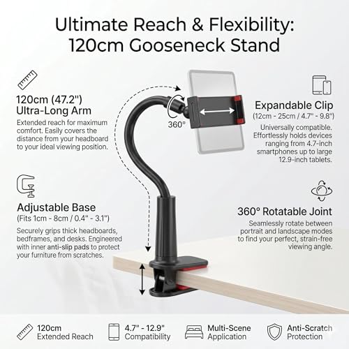 Mobile Phone Holder with 360° Rotation for Bedside, Hands-Free Secure Grip, Soft Arm Clamp Stand(black-36in) - color: black-36in