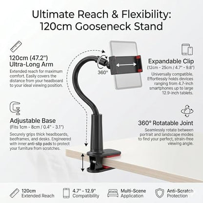 Mobile Phone Holder with 360° Rotation for Bedside, Hands-Free Secure Grip, Soft Arm Clamp Stand(black-36in) - color: black-36in
