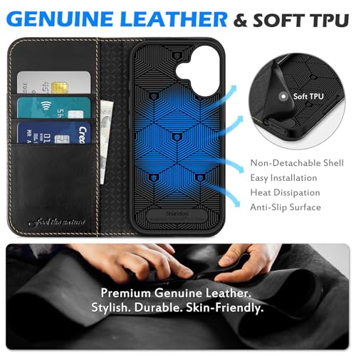 SHIELDON Genuine Leather Wallet Case for iPhone 17 6.3" 2025, Retro Black | Magnetic Closure, RFID Blocking, Credit Card Holder, Viewing Stand, Folio Design, Shockproof Protective Cover - color: Retro Black