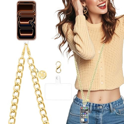 Phone Lanyard Crossbody with Tether Tab, Adjustable Phone Strap, Metal Phone Chain Lanyard, Cellphone Neck Strap for Travel Essentials, Compatible with iPhone, Smartphones, Gold - color: Gold