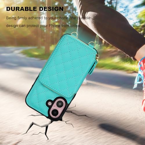 Bocasal Crossbody Wallet Case Card Holder for iPhone 16, Mint Green | RFID Blocking PU Leather Zipper Handbag Purse, Kickstand Flip Folio Case with Card Slots Holder Wrist Strap Lanyard 6.1 Inch - color: Green