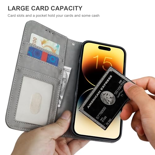 Bocasal Detachable Wallet Case Card Holder for iPhone 15 Pro Max Grey | RFID Blocking Kickstand Card Slots Holder PU Leather Magnetic Shockproof Wrist Strap Removable Flip Protective Cover 6.7 inch - color: Gray