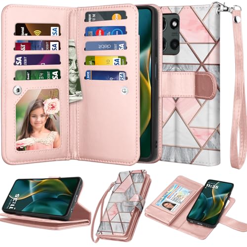 Njjex Wallet Case for Motorola Moto G 5G 2025, for Moto G 5G 2025 Case, [9 Card Slots] PU Leather ID Credit Card Holder Folio Flip [Detachable] Kickstand Magnetic Phone Cover & Lanyard [Marble Pink] - color: Marble Pink