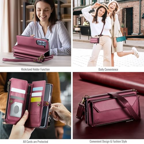 Strapurs Crossbody Wallet Case Compatible with Samsung Galaxy Z Fold 6 with RFID Blocking Card Holder & Pen Holder Slot Soft PU Leather Shoulder Strap Zipper Pocket Purse Fold 6 Phone Case, Wine Red | RFID Blocking 5-Card Holder, Shoulder Lanyard, Wirst S