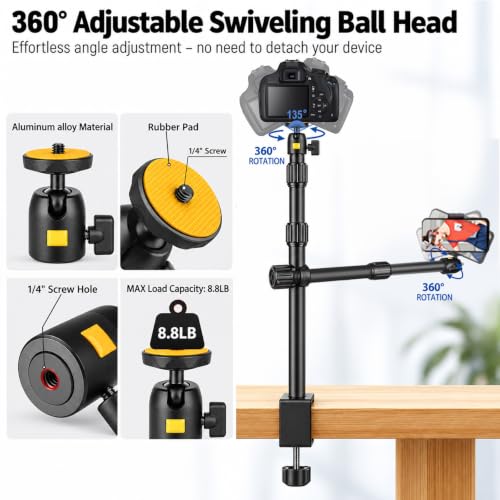 Camera Desk Mount Table Stand with Magic Arm and 1/4" Ball Head, Phone Desk Mount, Overhead Webcam Mount, Adjustable Light Stand Tabletop C Clamp for DSLR Ring Light Live Streaming Photo Video - color: OS03