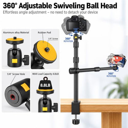 Camera Desk Mount Table Stand with Magic Arm and 1/4" Ball Head, Phone Desk Mount, Overhead Webcam Mount, Adjustable Light Stand Tabletop C Clamp for DSLR Ring Light Live Streaming Photo Video - color: OS03