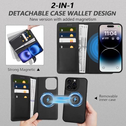 2 in 1 PU Leather for iPhone 15 Pro Max Case, Detachable Wallet Case with Card Holder, Removable Flip Folio Cover with RFID Blocking, Stand Shockproof Phone Cover（Compatible with MagSafe） Black - color: Black, size: Iphone 15 pro max