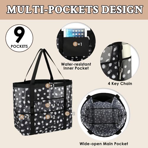 GYEUKHAM Mesh Beach Bag for Women, Sand-Resistant Pool Tote, 9 Pockets (1 Inner Zip), Foldable Family Travel Essentials - color: L-dot