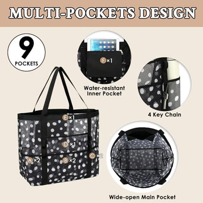 GYEUKHAM Mesh Beach Bag for Women, Sand-Resistant Pool Tote, 9 Pockets (1 Inner Zip), Foldable Family Travel Essentials - color: L-dot