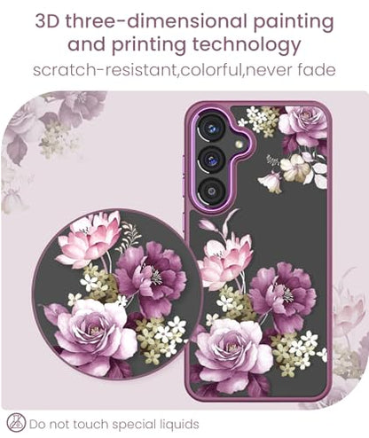 Crystal Clear Flower Pattern Case for Samsung Galaxy S26 FE-Purple | Girl Women Slim Soft TPU + Hard PC Military Grade Protective Phone Cover WithTempered Glass Screen Protector for S26 FE - color: S26 FE-Purple