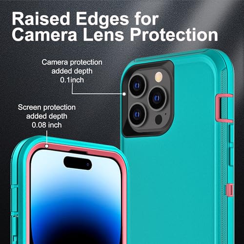 YKHJKLEC for iPhone 14 Pro Case, Military Grade 3 in 1 Heavy Duty Shockproof/Drop Proof/Dust Proof Case with 2Pcs Tempered Glass Screen Protector (Aqua Blue/Pink) - color: Aqua Blue/Pink