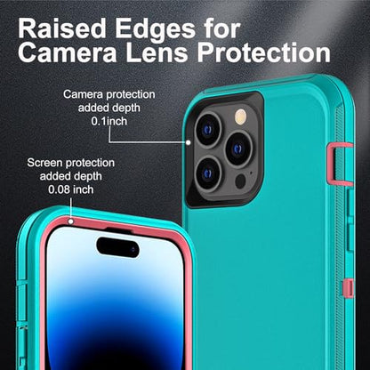 YKHJKLEC for iPhone 14 Pro Case, Military Grade 3 in 1 Heavy Duty Shockproof/Drop Proof/Dust Proof Case with 2Pcs Tempered Glass Screen Protector (Aqua Blue/Pink) - color: Aqua Blue/Pink