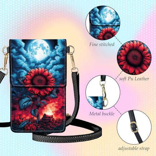 Small Crossbody Bags for Women Touchscreen Cell Phone Bag Cross Body Purses with adjustable Strap,Gifts For Teenage Girls - color: Fiery Red Sunflower