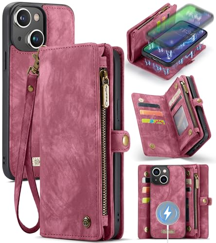 Compatible with iPhone 15 Plus Wallet Case with Magsafe,Red | Magnetic Detachable Case,Card Holder,Zipper Pocket,Strap Wristlet, Soft Leather Drop-Proof Phone Case for iPhone 15 Plus 6.7" - color: Red, size: iPhone 15 Plus 6.7"