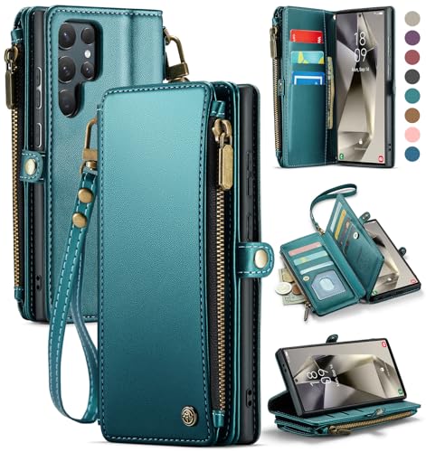 Defencase for Samsung Galaxy S24 Ultra Wallet Case with Card Holder, Green | Durable PU Leather, with RFID Blocking Zipper Pocket, Wrist Strap, S24 Ultra Flip Phone Cases Cover with Stand for Women Men - color: Blue Green