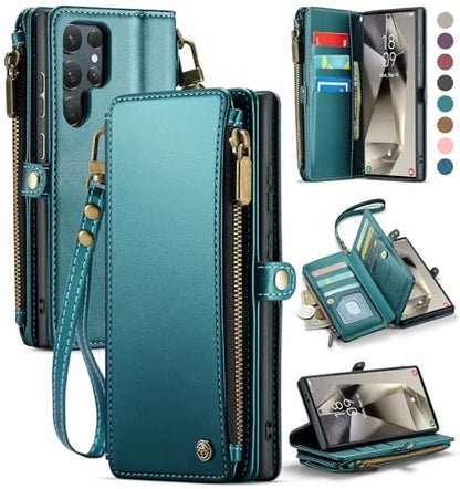 Defencase for Samsung Galaxy S24 Ultra Wallet Case with Card Holder, Green | Durable PU Leather, with RFID Blocking Zipper Pocket, Wrist Strap, S24 Ultra Flip Phone Cases Cover with Stand for Women Men - color: Blue Green