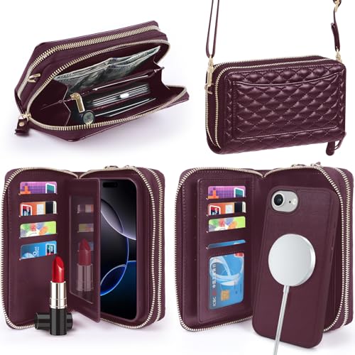 Harryshell Compatible with iPhone 16e 17e Case Wallet Multi Zipper Detachable Removable Cover with RFID Blocking Card Slots Holder Mirror Crossbody Strap (Compatible with Magsafe - Quilted Burgundy) - color: Compatible with Magsafe - Quilted Burgundy, siz