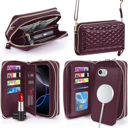 Harryshell Compatible with iPhone 16e 17e Case Wallet Multi Zipper Detachable Removable Cover with RFID Blocking Card Slots Holder Mirror Crossbody Strap (Compatible with Magsafe - Quilted Burgundy) - color: Compatible with Magsafe - Quilted Burgundy, siz