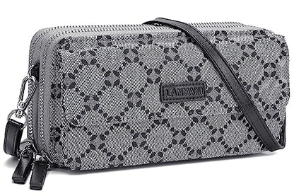 RFID Crossbody Wallet Wristlet Purse with Phone Pocket For Women Vegan Leather - color: Grey Jacquard