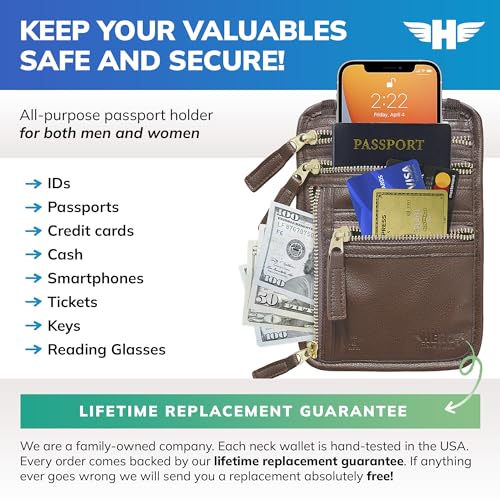 HERO Neck Wallet - RFID Blocking Passport Holder, Easy to Conceal Travel Pouch (Vegan Leather Brown) - color: Brown