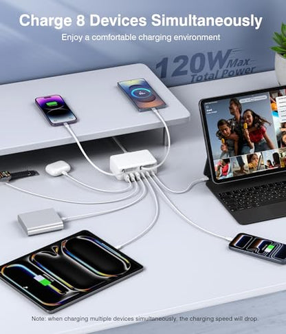 8-in-1 Retractable USB C Charger Charging Station Hub for Multiple Devices - color: White