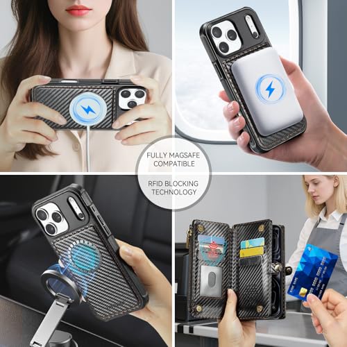 Defencase for iPhone 17 Pro Max Case Wallet Compatible with Magsafe, C-Black - color: (Detachable with Magsafe)-Carbon Fiber Black