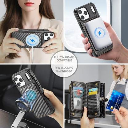 Defencase for iPhone 17 Pro Max Case Wallet Compatible with Magsafe, C-Black - color: (Detachable with Magsafe)-Carbon Fiber Black
