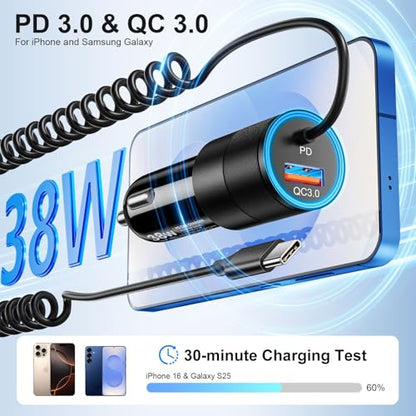 3-Pack USB C Car Charger,38W Fast Car Phone Charger+3.5FT C Coiled Cable - size: 3-Pack